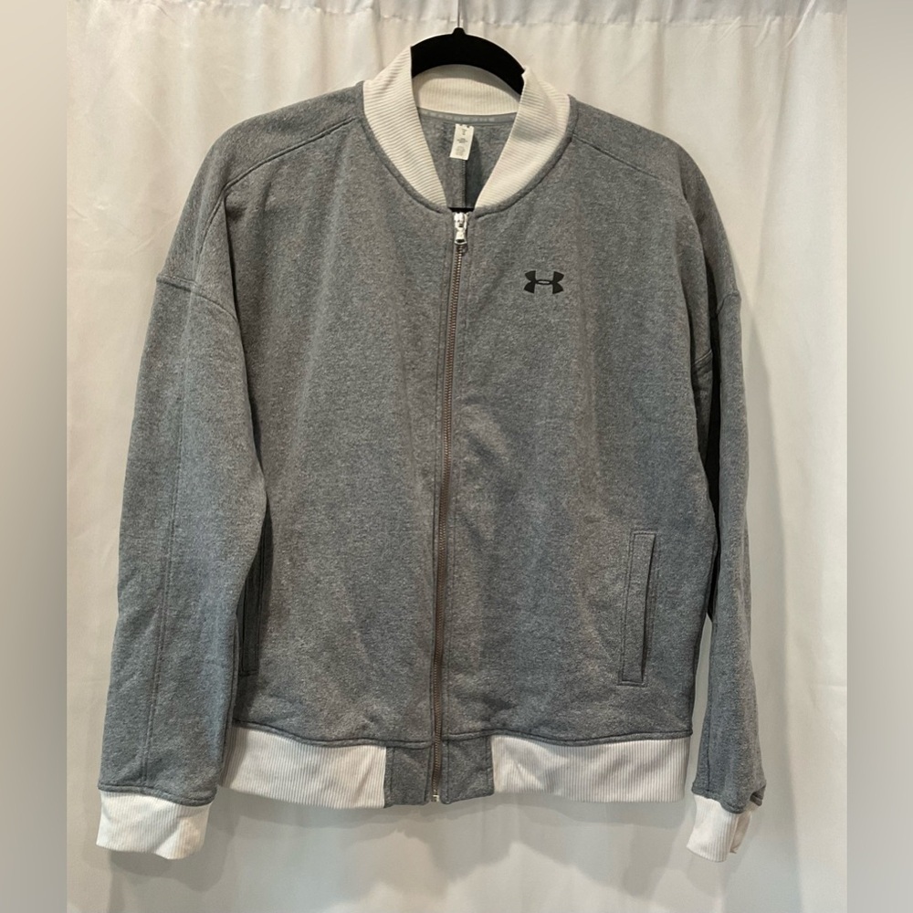 Euc Under Armour Women Grey Melange Solid Threadborne Fleece Bomber Jacket